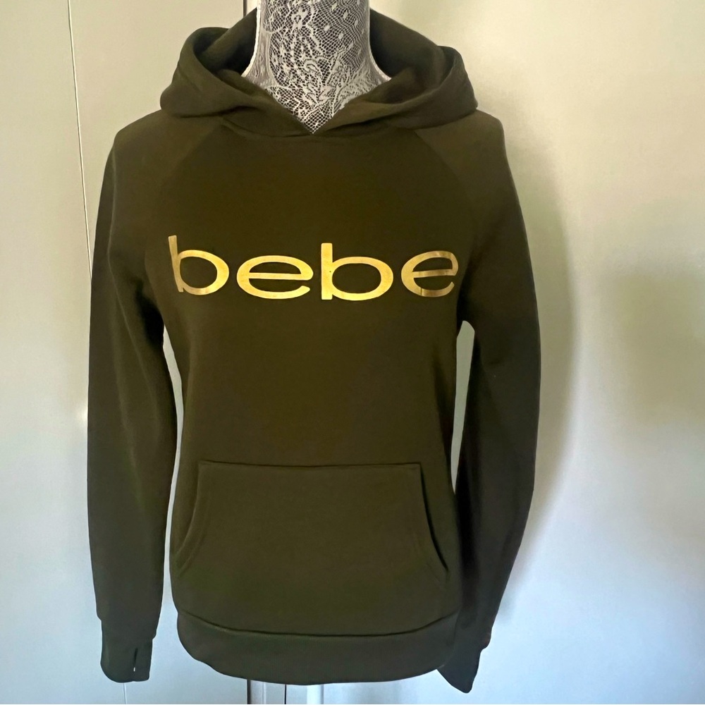 Bebe Sport Olive Green Hoodie Gold Logo Womens Sweatshirt Small with thumb holes